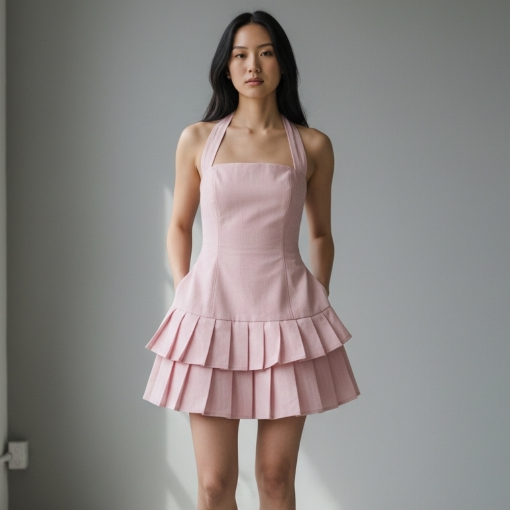 Pink Halter Mini Dress Asymmetrical Ruffle Hem Girlypop Coquette NWT L